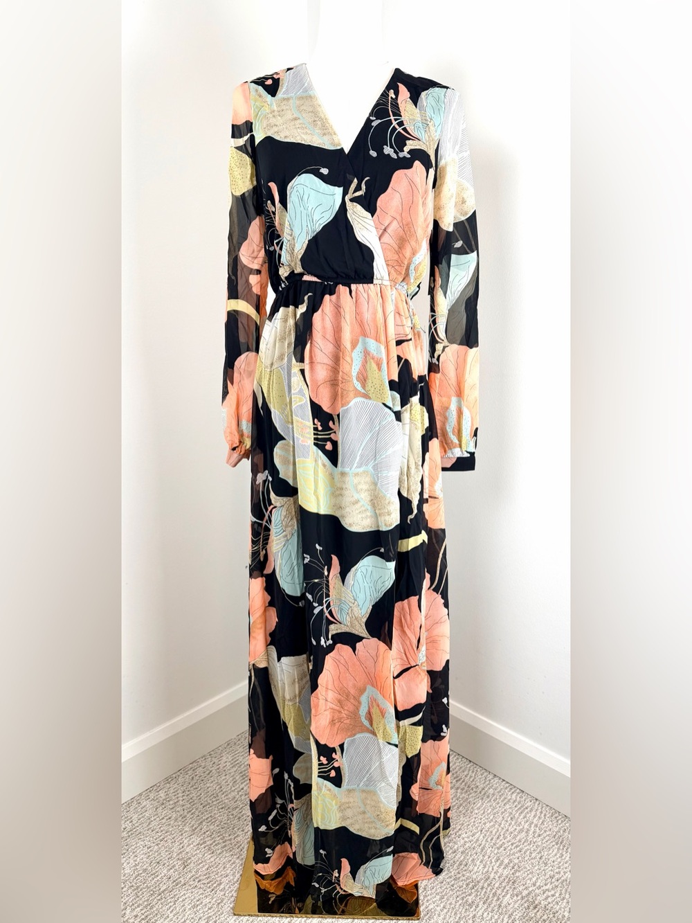Lulu's Black Maxi Dress Coral & Mint Floral Print Faux Wrap XS NWT - Picture 2 of 16